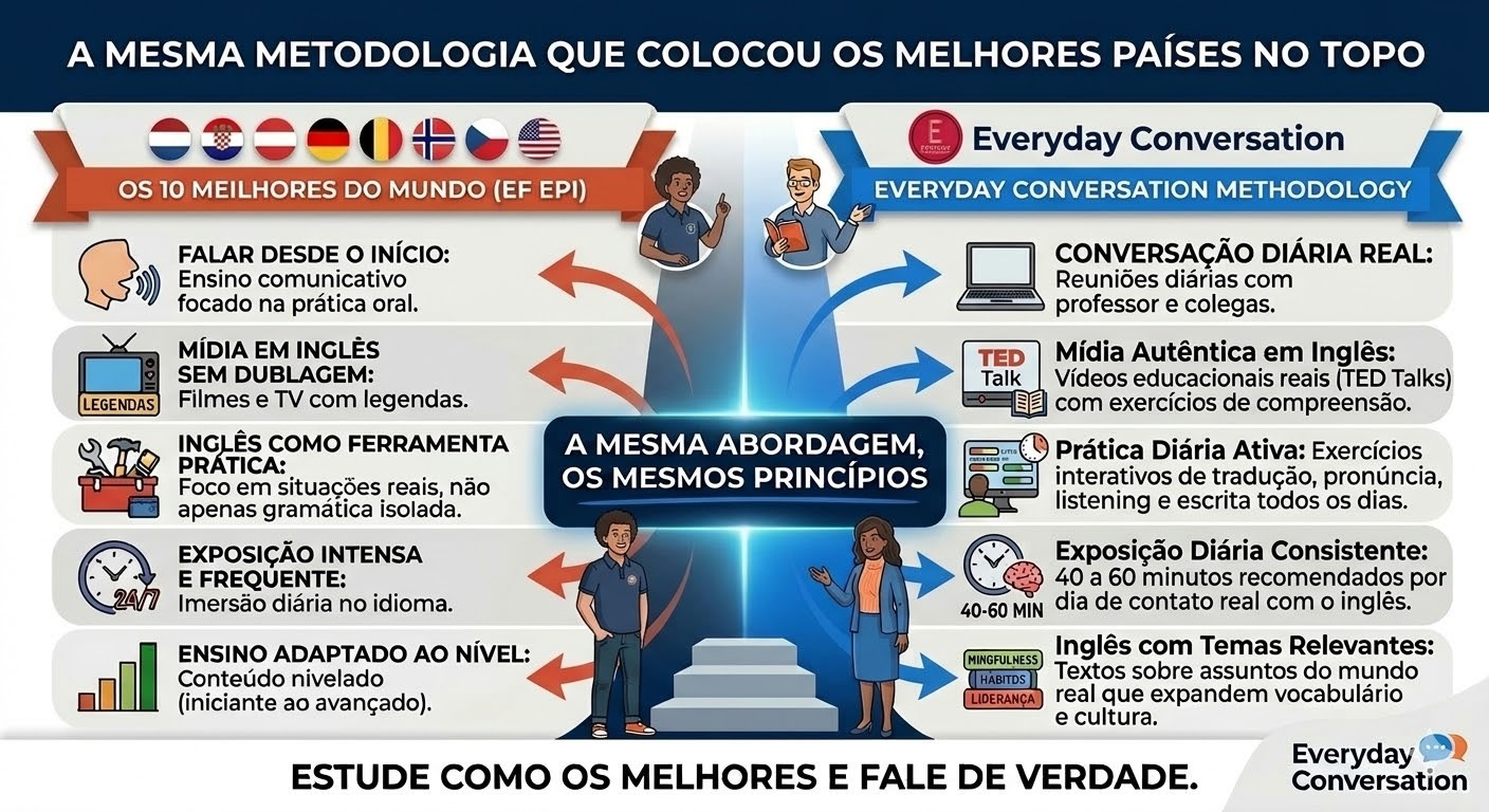 Compara&ccedil;&atilde;o: Metodologia dos melhores pa&iacute;ses vs Everyday Conversation
